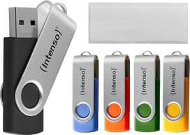 "Intenso Basic Line" 5 x 16GB USB atmintinės USB 2.0 su praktinėmis etiketėmis Geltonai žalia, juoda, juoda, mėlyna ir oranžinė su sidabrine metaline rankena, 5 vnt.