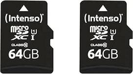 "Intenso Premium microSDXC" 64GB 10 klasės UHS-I atminties kortelė su SD adapteriu (iki 90MB/s), juoda (2 vnt.)