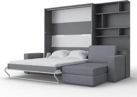 "Invento" LED vertikali spinta lova su kampine sofa, 160 V, su mediniu skersiniu rėmu, 160 x 200 cm, suaugusiesiems, moderni koncepcija ir dizainas, praktiška (pilka/ ąžuolo "Monaco" + pilka sofa + lentyna)