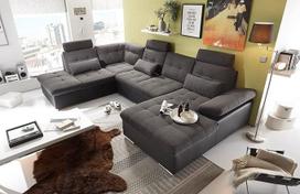"Jakarta" apželdintas U formos interjeras, medžiaginis užvalkalas, juoda / lava, ištraukiama sofa su miego funkcija ir lovos stalčiumi