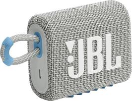 "JBL GO 3 Eco" - maža "Bluetooth" dėžutė, pagaminta iš perdirbtos medžiagos - balta - vandeniui atsparus nešiojamasis garsiakalbis kelionėms - iki 5 val. atkūrimo trukmė vienu baterijos įkrovimu
