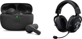"JBL Wave Beam" belaidės juodos spalvos IP54 ir IPX2 vandeniui atsparios ausinės ir "Logitech G PRO X Gamer" ausinės su mėlynu VO!CE mikrofonu