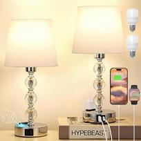 "Kakanuo" naktinis šviestuvas "Touch Dimmable", 2 krištolinių stalinių šviestuvų rinkinys su USB A+C jungčių lizdu, LED lemputės, modernus šviestuvas su baltu medžiaginiu gaubtu, skirtas svetainei, miegamajam, biurui, viešbučiui