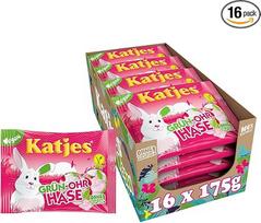 "Katjes Grün-Ohr Rabbit Storage Pack" - dėžutė su putų cukrumi ir zuikio formos vaisių guma, įvairių skonių vaisių mišinys, veganiška, 16 x 175 g