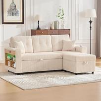 "L" formos sofa, sofa lova, sofa su miego funkcija, daugiafunkcinė velvetinė sofa su laikymo vieta ir ištraukiama lova, gėrimų laikikliais, tinkama apartamentams, svečių kambariui ir svetainei (smėlio spalvos)