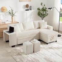 "LANTRO JS Corduroy" kampinė sofa lova su laikymo vieta, išskleidžiama sofa lova su šoninėmis kišenėmis ir puodelio laikikliu, smėlio spalvos