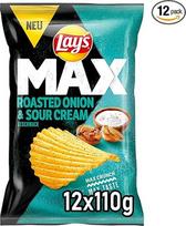 "Lay's Max" skrudintų svogūnų ir grietinės skonio traškučiai - traškūs bulvių traškučiai sėkmingam vakarėliui (12 x 110 g)