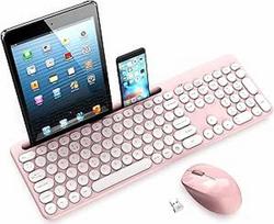 "LeadsaiL" belaidės klaviatūros ir pelės rinkinys, ergonomiška USB kompiuterio klaviatūra ir tyli belaidė pelė, plona, pilno dydžio QWERTY klaviatūra, skirta "Windows", kompiuteriui, staliniam kompiuteriui ir "Mac OSo", rožinės spalvos