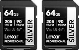"Lexar Silver SD Card" 64GB 2 pakuotės UHS-I SDXC kortelė 205MB/s skaitymo greitis, 90MB/s įrašymo greitis, V30, U3, C10, 4K UHD vaizdo įrašas, SD atminties kortelė su "Lexar" viso gyvenimo duomenų atkūrimu