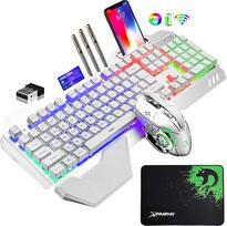 "LexonElec 680 Pro" - balta RGB LED belaidė žaidimų klaviatūra ir pelė 4800 mAh Pilnas 104 klavišų klaviatūros klaviatūros ir pelės kompiuterio priedų komplektas 2,4 g USB žaidėjo 2400 DPI kvėpuojanti optinė pelė "Mac" nešiojamajam kompiuteriui