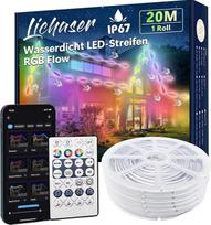 "Lichaser" 20 m lauko RGB+IC LED juosta, atspari vandeniui IP67, "pasidaryk pats", segmentavimo LED juostos su BT programėle ir 2.4G RF nuotolinio valdymo pulteliu, skirtos naudoti lauke