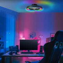 "Lightbox" LED lubų šviestuvas su ventiliatoriumi ir nuotolinio valdymo pulteliu - 14 cm aukštis, 49 cm skersmuo - juodas lubų šviestuvas, RGB, CCT (3000-6500 K) ir naktinė šviesa - reguliuojamas - 40 W, 4700 lm - pagamintas iš plastiko