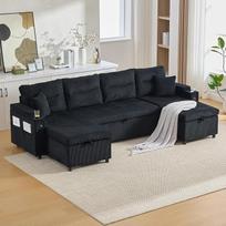 "Living Landscape" U formos sofa su miego funkcija, sofa-lova su dvipusiu šezlongu, aksomas, integruota laikymo vieta, gėrimų laikikliai, USB lizdai, 272 x 136 x 86 cm (juoda)