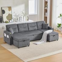 "Living Landscape" U formos sofa su miego funkcija, sofa-lova su dvipusiu šezlongu, aksomas, integruota laikymo vieta, gėrimų laikikliai, USB lizdai, 272 x 136 x 86 cm (antracito pilka)