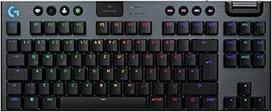 "Logitech G G915 X LIGHTSPEED TKL" plokščia belaidė žaidimų klaviatūra su dvigubo šūvio PBT klavišų dangteliais, RGB apšvietimu, raudonais linijiniais GL jungikliais, skirta PC/Mac, DEU QWERTZ - juoda