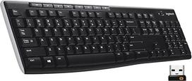 "Logitech K270" belaidė klaviatūra, 2,4 GHz ryšys per USB "Unifying" imtuvą, 8 daugialypės terpės ir sparčiųjų klavišų klavišai Atspari purslams, 2 metų baterija, ispaniškas QWERTY išdėstymas - juoda
