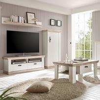 "Lomadox Country House" sieninė spinta "Pine White" su komoda, televizoriaus lentyna, lentyna ir kavos staliuku