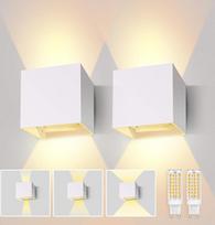 "Lureshine" 2 sieninių šviestuvų pakuotė su keičiama G9 LED lempa, šilta balta spalva, 3000 K, aliuminio LED sieninis šviestuvas, vidaus ir lauko reguliuojamas spindulio kampas, sieninis apšvietimas miegamajame, vonios kambaryje, praėjime (balta)
