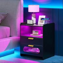 "Lvifur" naktinis staliukas su RGB LED apšvietimu, naktiniai staliukai su 2 stalčiais, išmanusis naktinis staliukas, žmogaus jutiklio funkcija, naktinė spintelė, 20 spalvų lemputės, reguliuojamas apšvietimas su belaidžiu įkrovimu, blizgus naktinis staliuk