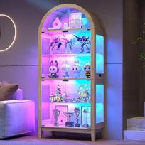"Lvifur" stiklinė vitrina su RGB apšvietimu ir stiklinėmis durelėmis, skirta miegamojo kolekcijoms, 33 × 75 × 175 cm, 5 sluoksnių vitrina su išmaniaisiais jutikliais, skirta svetainei, medžio spalvos