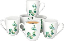 "MamboCat Eucalyptus" 6 kavos puodelių rinkinys, 340 ml, 10,5 cm aukščio, baltas porcelianinis puodelis su rankenėle 6 asmenims, puodeliai su žalių augalų dekoru, skirti karštiems gėrimams, pvz., kavai, arbatai, kakavai ir kt.