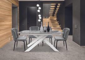"Mar.c.a. Design" - baltas metalinis išskleidžiamas valgomojo stalas su stiklo keramikos stalviršiu, marmuro apdaila Valgomojo stalas Modernūs baldai Virtuvės stalas 160 x 90 x 76 cm