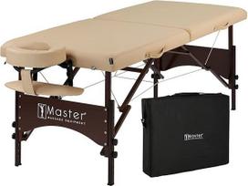 "Master Massage" 71 cm "Argo" mobilus masažo stalas Sulankstomas terapijos stalas Nešiojama grožio lova Riešutmedžio kojos Krepšys Krepšys Paketas Smėlio spalvos