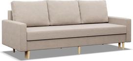 "Mebligo" - sofa su miego funkcija ir tuščia lovos dėže, 3 vietų 212 cm pločio, sofa-lova su "Bonell" spyruoklių šerdimi sėdynėje, išskleidžiama sofa ant medinių kojelių, svetainė - smėlio spalvos