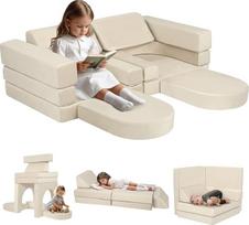 "MeMoreCool" žaidimų sofa-lova vaikams, putplasčio minkšta statybinių kaladėlių sofa, išgalvota žaidimų sofa, įdomi vaikų kambario žaidimų aikštelė, minkštas kampelis, idealiai tinkantis vaikams, smėlio spalvos