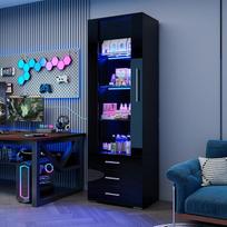 "Merax" juoda blizgaus stiklo vitrina su LED apšvietimu, stovinti vitrina su 3 lentynomis ir 3 stalčiais, aukšta vitrina svetainei / miegamajam, juodas blizgus priekis, 60 x 35 x 180 cm