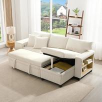 "Merax" kampinė sofa su miego funkcija, praktiška sofa-lova su lovos dėže ir USB lizdu, sofa-lova su laikymo erdve, šoninėmis lentynomis, moderni L formos sofa svetainei, miegamajam, smėlio spalvos