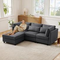 "Merax" moderni trijų vietų sofa-lova - daugiafunkcinė sofa su miego funkcija, "L" formos kampinė sofa su kojūgaliais, medvilninis lininis audinys, 5 pagalvės, skirta svetainei, miegamajam ir svečių kambariui