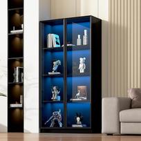"Merax" stiklinė vitrina su LED žibintais, juodos spalvos dvigubų durelių vitrina su daug vietos, moderni kolekcionieriaus vitrina su reguliuojamomis lentynomis, knygų spinta, stovinti vitrina