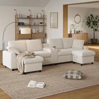 "Merax" U formos velvetinė sofa su 2 kojų taburetėmis ir daiktadėže, kavos staliuku, gėrimų laikikliais, USB ir kištukiniais lizdais - (315×135×81 cm)