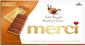 "merci Fine Nougat" šokolado plytelės, 1 x 112 g dėžutė, geriausios plytelės, pagamintos iš švelnaus pieniško šokolado su gardžiu riešutų įdaru (43 proc.)