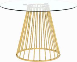 "Meridian Furniture Gio" kolekcijos modernus stalas su skaidraus grūdinto stiklo stalviršiu su vielos dizainu, patvariu metaliniu pagrindu, metalas, poliruoto aukso apdaila, valgomojo stalas
