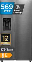 "Midea" šoninis šaldytuvas "Side by Side", didelė 569 l talpa, "3-in-1" vandens dozatorius su fiksuota vandens jungtimi, "Intelligent Freshness Retention" ir "WiFi", "NoFrost", 360° daugiapakopis oro srautas, inverterinis kompresorius