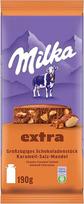 "Milka Extra Caramel Salt Almond" - Alpių pieno šokoladas su karamelės gabalėliais, migdolais ir žiupsneliu druskos - 190g