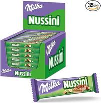 "Milka Nussini" batonėlis - traškūs vaflių gabaliukai su lazdyno riešutų kremu ir Alpių pieno šokoladu - 35 x 31,5 g