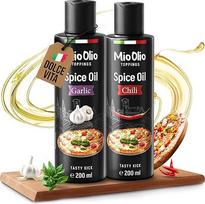 "MioOlio" prieskonių aliejaus rinkinys - 1 x 200 ml česnakų aliejaus ir 1 x 200 ml aitriųjų paprikų aliejaus - aromatizuotas aliejus kepimui, skrudinimui ir rafinavimui - praktiškas dozatorius - makaronams, picoms, mėsai, žuviai ir daržovėms