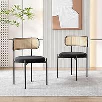"ModernLuxe" valgomojo kėdės, 2 vnt., modernios laisvalaikio kėdės su rotango atlošu, aksomo pagalvėle, tvirtomis metalinėmis kojomis ir apvalia sėdynės pagalvėle, idealiai tinka svetainei ir miegamajam, juodos spalvos