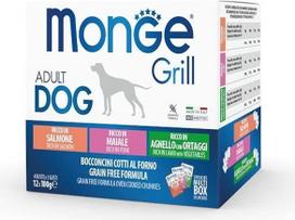 "Monge Grill Adult Rich IN" lašiša, kiauliena, ėriena ir daržovės, drėgnas maistas šunims (lašiša, kiauliena, ėriena ir daržovės, skani formulė, be dažiklių, be grūdų, 12 x 100 g)