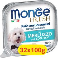 "Monge" šviežias paštetas su drėgnais skanėstais šunims su menke - 32 x 100 g