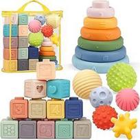 "Montessori" minkštas "Squeeze" kūdikių žaislų rinkinys su kamuoliukais, kaladėlėmis ir bokštu, Montessori sensorinis žaislas, kramtomasis žiedas, lavinamasis mokymosi žaislas mažyliams nuo 18 mėnesių iki 3 metų berniukams