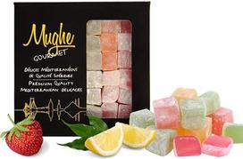 "Mughe Gourmet Turkish Delight" saldainiai, elegantiška dovanų dėžutė - 370 g - Halal, Vegan - Lokum Fruit Flavour Rose, Strawberry, Lemon, Orange, Mint - dovana ypatingomis progomis, gimtadieniams