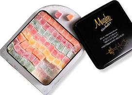 "Mughe Gourmet Turkish Delight" saldumynai Elegantiška 1300 g dovanų skardinė - Halal, Vegan - Lokum vaisių skonio rožės, braškės, citrinos, apelsinai, mėtos - dovana ypatingomis progomis, gimtadieniams