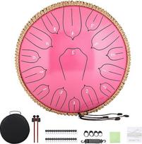 "Musfunny" liežuvio būgnas Handpan plieno liežuvio būgnas: 12 colių 15 tonų plieno liežuvio būgnas D Major Handpan instrumentas su muzikos knyga, skirtas gimtadienio dovanai, meditacijai, jogai (rožinė)
