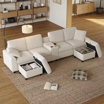 "Muskel" 315 cm U formos sofa su laikymo vieta, gyvenamasis kraštovaizdis su 2 taburetėmis, kavos staliuku su gėrimų laikikliais, USB jungtimi, kištukiniais lizdais ir C tipo prievadais, didelė svetainės sofa, medžiaginė sofa, smėlio spalvos
