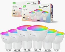 "Nanoleaf Matter Essentials" lemputė, 6 išmaniosios RGBW GU10 LED lemputės - matinės per siūlą, "Bluetooth", 16 milijonų spalvų LED lempos, ekrano sinchronizavimas, veikia su "Google Home", "Apple", dekoracijomis ir žaidimais