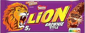 "Nestlé Lion Brownie Style", šokoladinis batonėlis su pieniniu šokoladu, gardžiu karamelės įdaru, brownie skoniu ir traškiu vafliu, ypatinga kramtymo patirtis, 1 pakuotė (5 x 30 g)